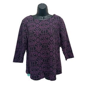 Basic Edition‎ Purple/Black Medallion Print Boat Neck 3/4 Sleeve Top Size Large
